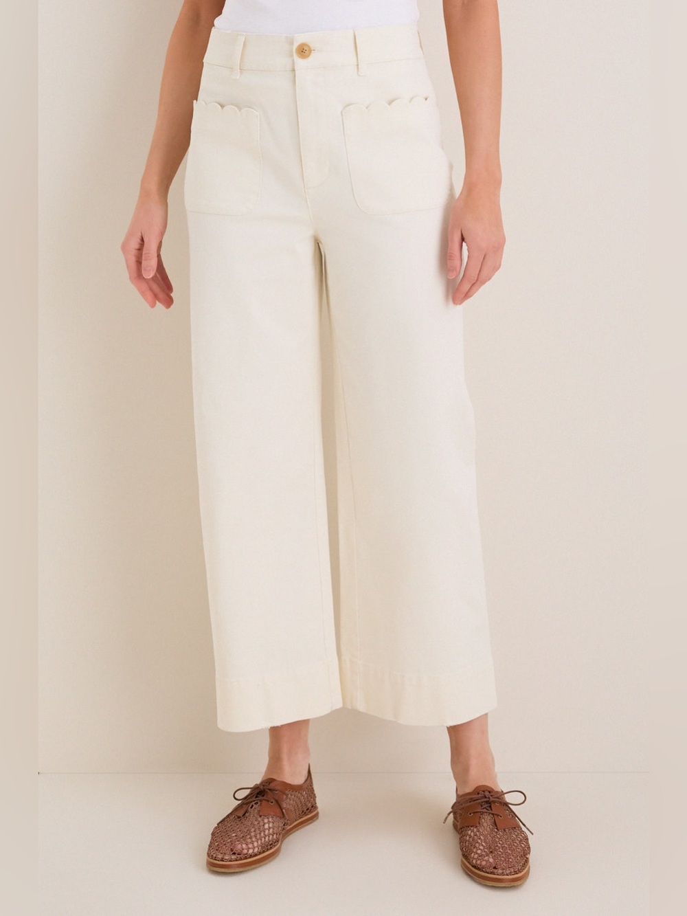Tuckernuck NWOT White Chino Crop Wide Leg Cotton Scalloped Pocket Pants- Size 10